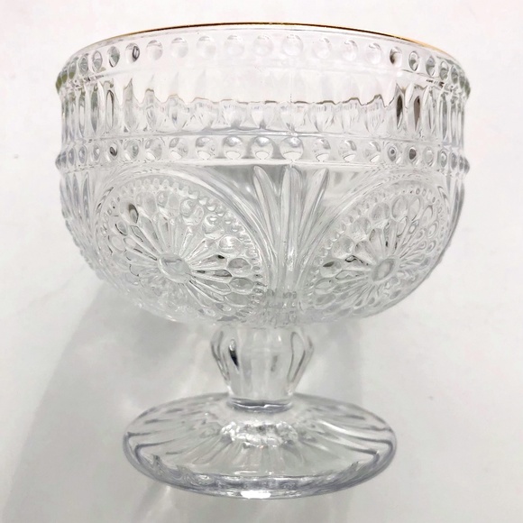 Clear Glass Footed Dessert Bowl Flower Embossed Trifle Ice Cream Bowl gold rim - Picture 1 of 9